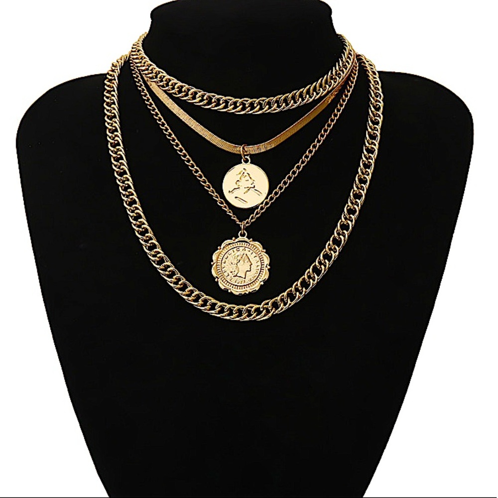 GOLD COIN VINTAGE MULTILAYER MINIMALIST NECKLACE - Picture 5 of 7